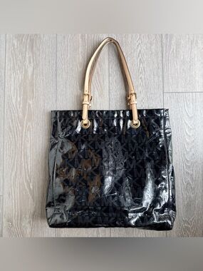 Michael Kors Black Patent MK Logo Tote with Tan Handles